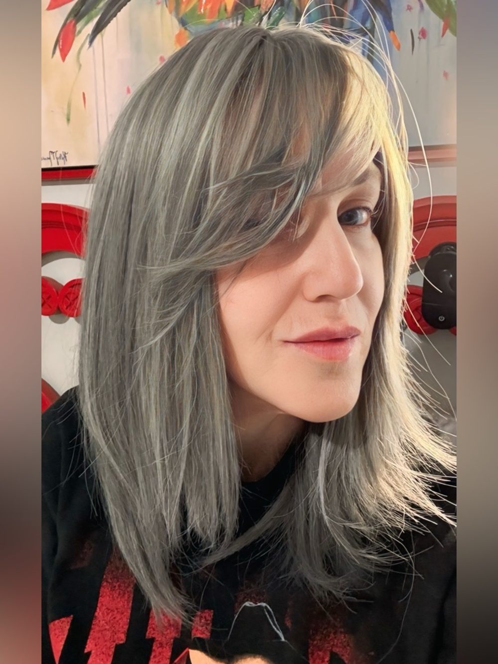 Steel grey platinum ash blonde mid length wig